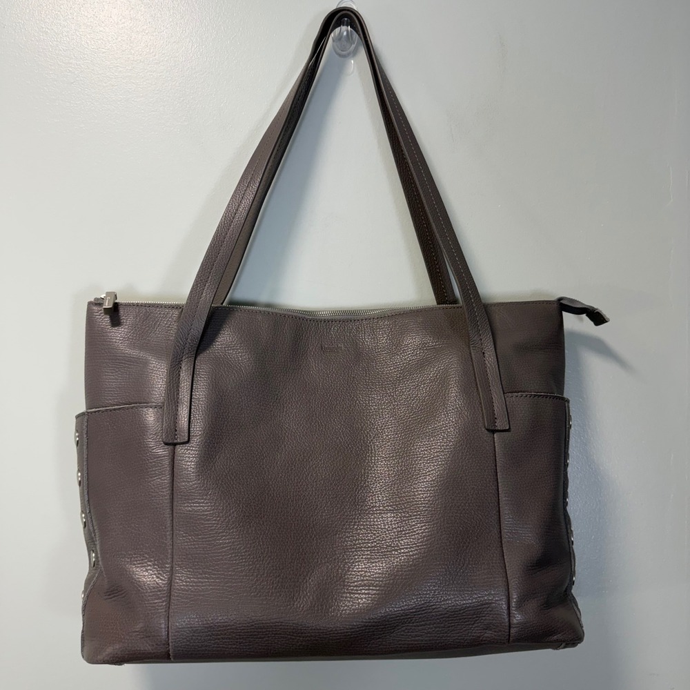 Hammitt Los Angeles Addie Grey Pebbled Leather Large Zip Tote Stud Hardware Bag